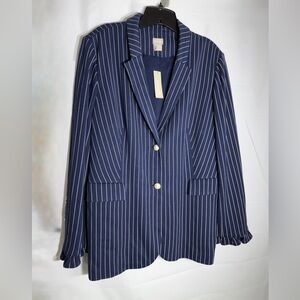 NWT Chico’s Navy/White Pinstripe Blazer Jacket Pearl Buttons, Sz 3. US Sz 16XL.